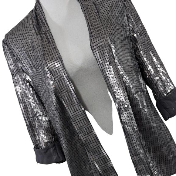 CHARLOTTE RUSSE! SILVER SQUARE SEQUIN ON GRAY SHEER, CHIFFON JACKET! SZ S - Picture 9 of 9